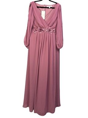 Ever Pretty Dusty Rose Long Sleeve V-Neck Maxi Dress with Floral Applique